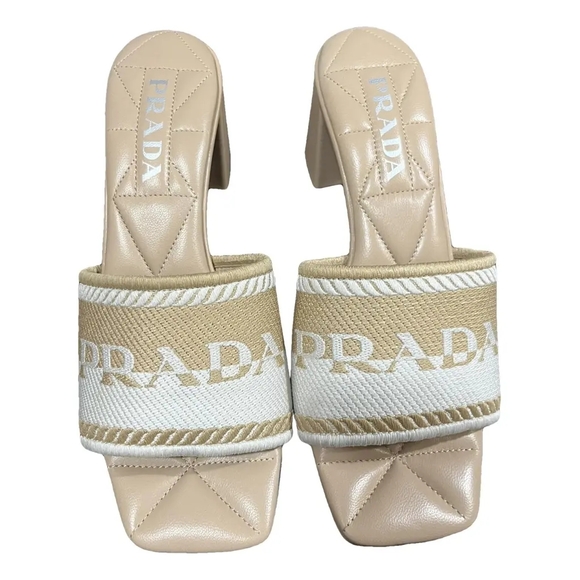 Prada Women's Leather Logo Embroidered Ecru Mules Size 38 EU 8 US - Picture 1 of 11